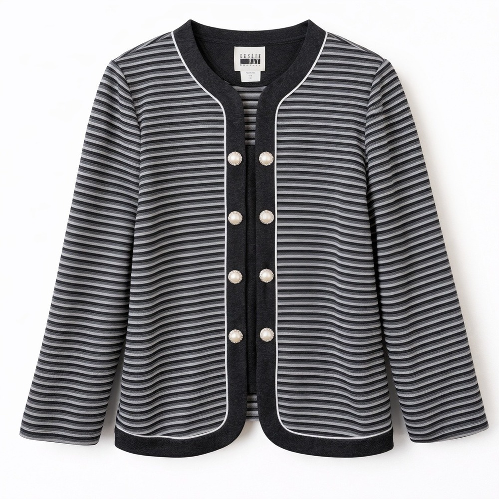 Vtg Leslie Fay Striped Knit Jacket Grey‎ 14W Plus Size Preppy Military vibes
